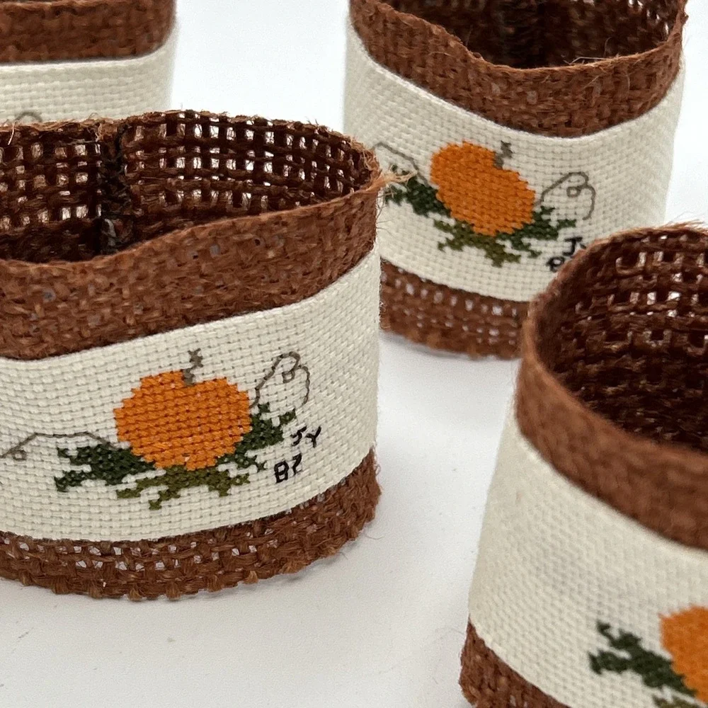 Set Of 6 Handmade Hand Cross Stitched Napkin Rings Fall Pumpkin Harvest